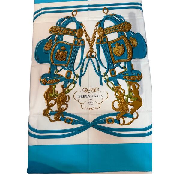 Hermes Brides de Gala Gorgeous Turquoise Color Cotton Scarf*90 cm - Picture 2 of 3